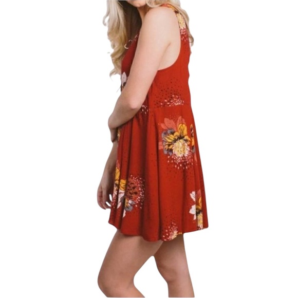 Free People Lovely Day Floral Print Mini Tunic Dress L Red Boho Tie Front Boxy - Picture 6 of 15